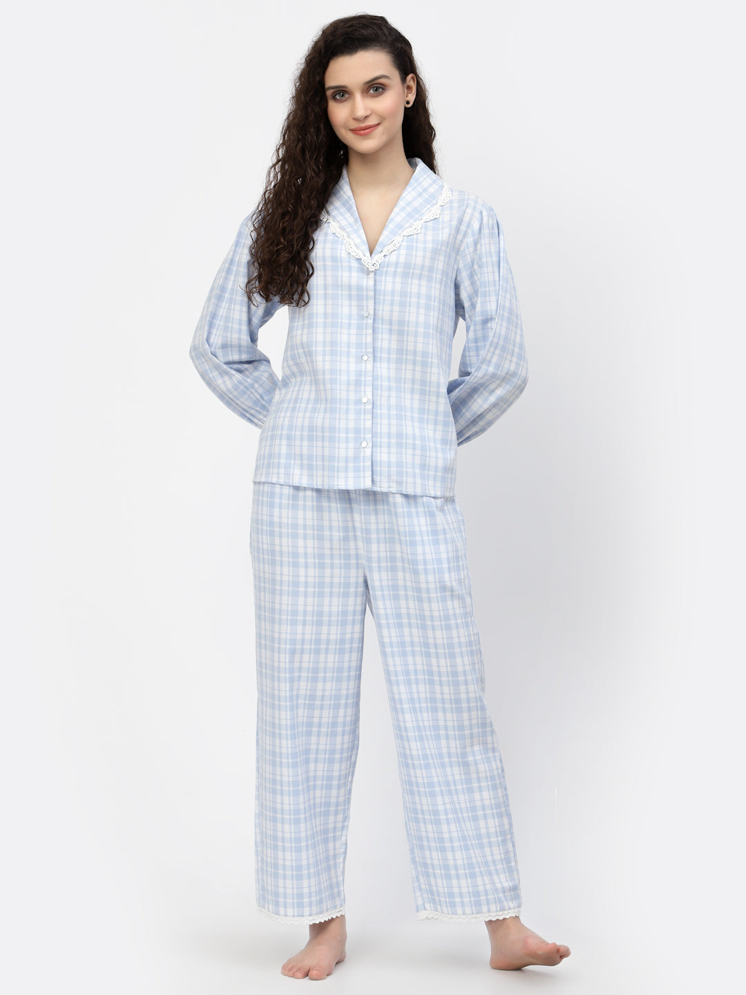 Blue with Pink Heart with Pink Check Pajama Full Sleeves Night Suit for her  - Super Bazar